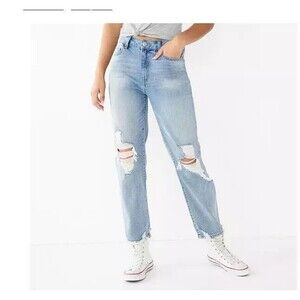 Womens High-Rise Straight Leg Jeans 11/30W Stretch Light Wash Distressed